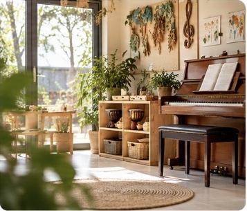 Music corner with a piano and plants